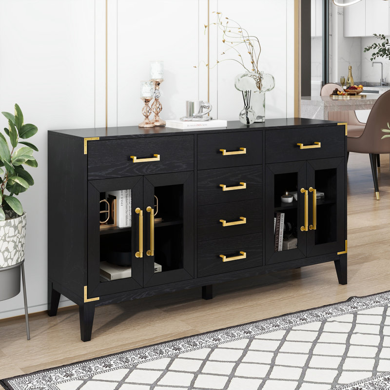 6 Drawer and 2 Cabinet Retro Sideboard with Extra Large Storage Space George Oliver Color Black